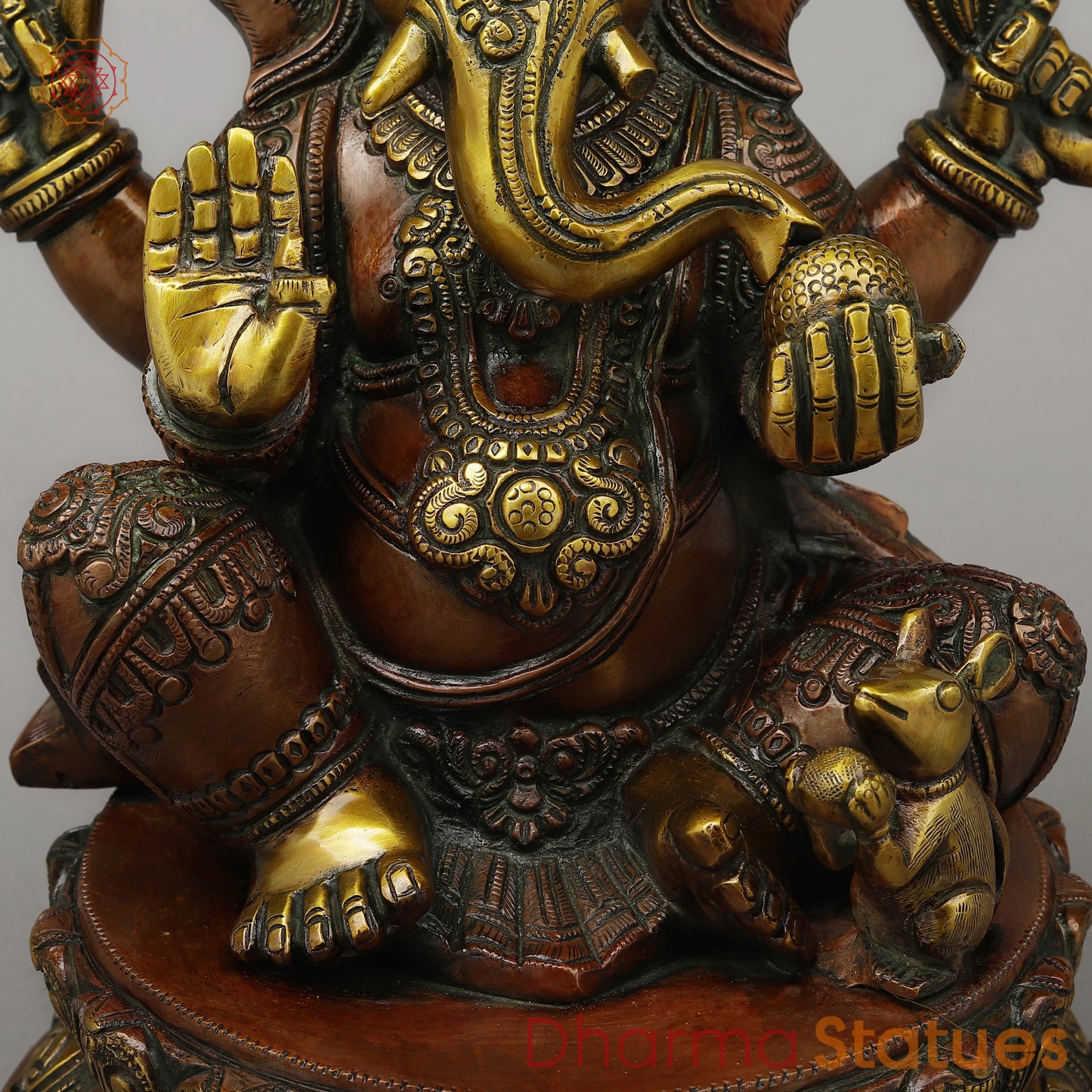 Brass Ganesh Seated on Pedestal in Blessing Posture, Copper & Golden Finish, 14.5"