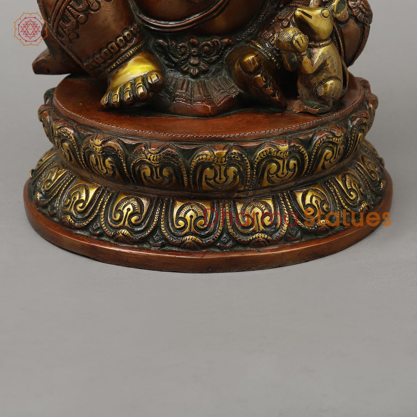 Brass Ganesh Seated on Pedestal in Blessing Posture, Copper & Golden Finish, 14.5"