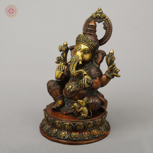 Brass Ganesh Seated on Pedestal in Blessing Posture, Copper & Golden Finish, 14.5"