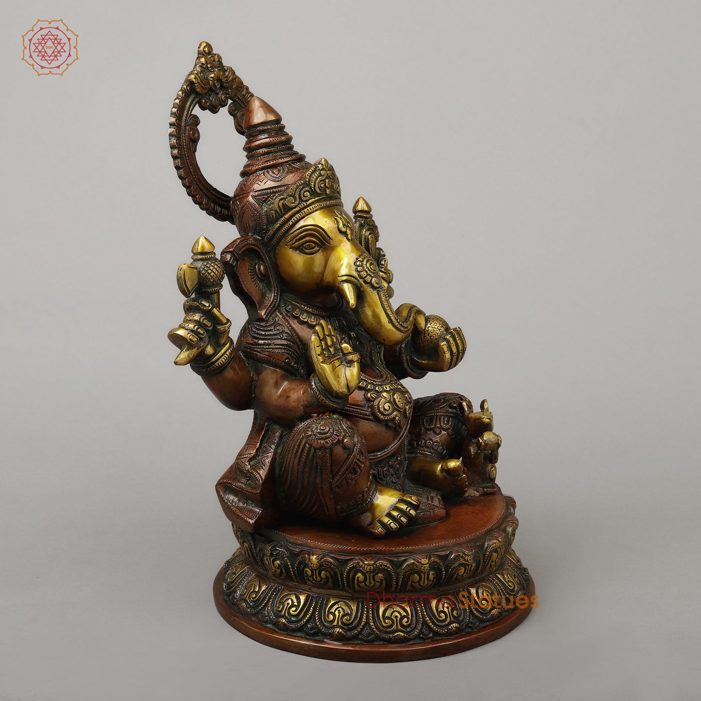 Brass Ganesh Seated on Pedestal in Blessing Posture, Copper & Golden Finish, 14.5"