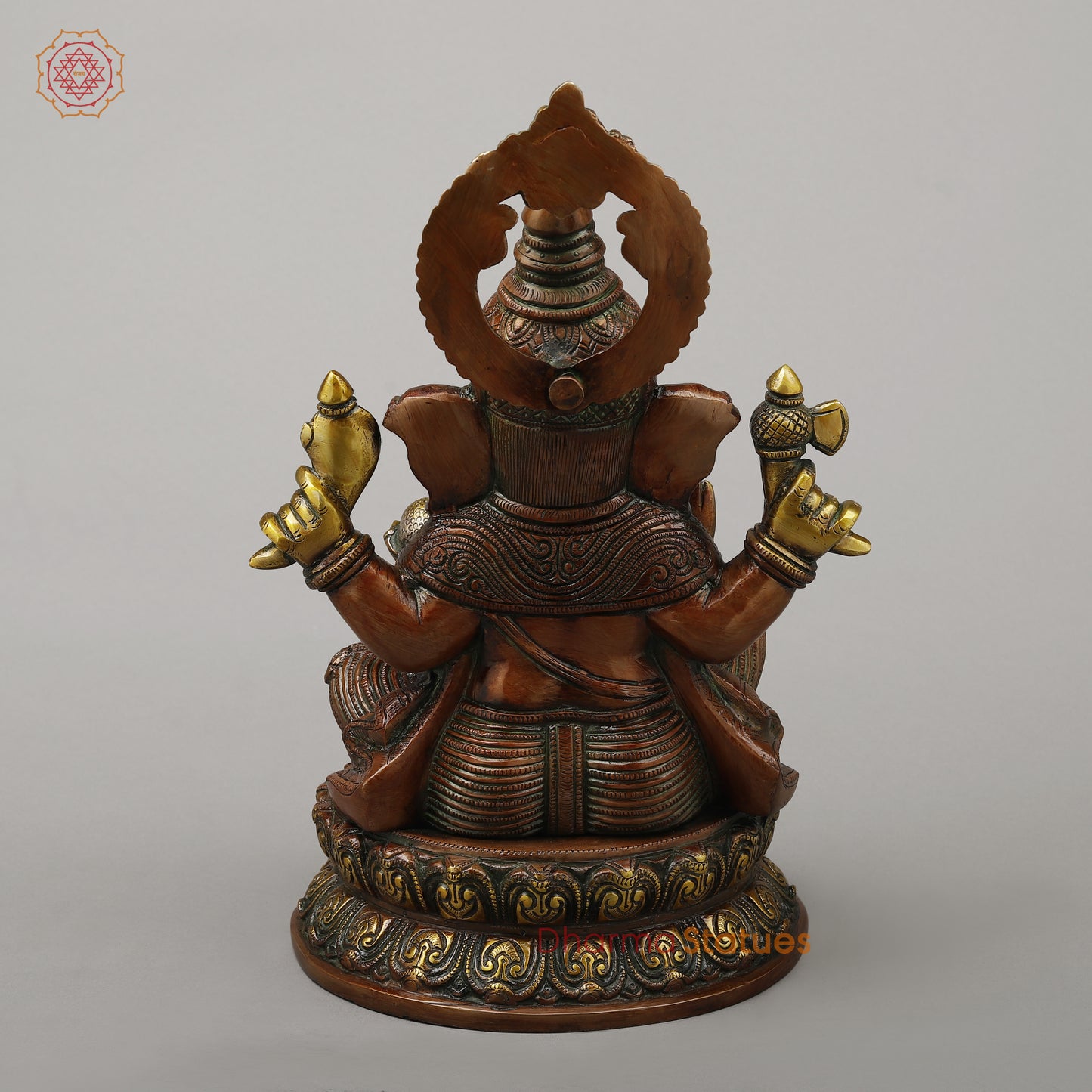 Brass Ganesh Seated on Pedestal in Blessing Posture, Copper & Golden Finish, 14.5"