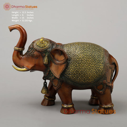 Brass Elephant with Bell, Copper & Golden Finish, 11.5"