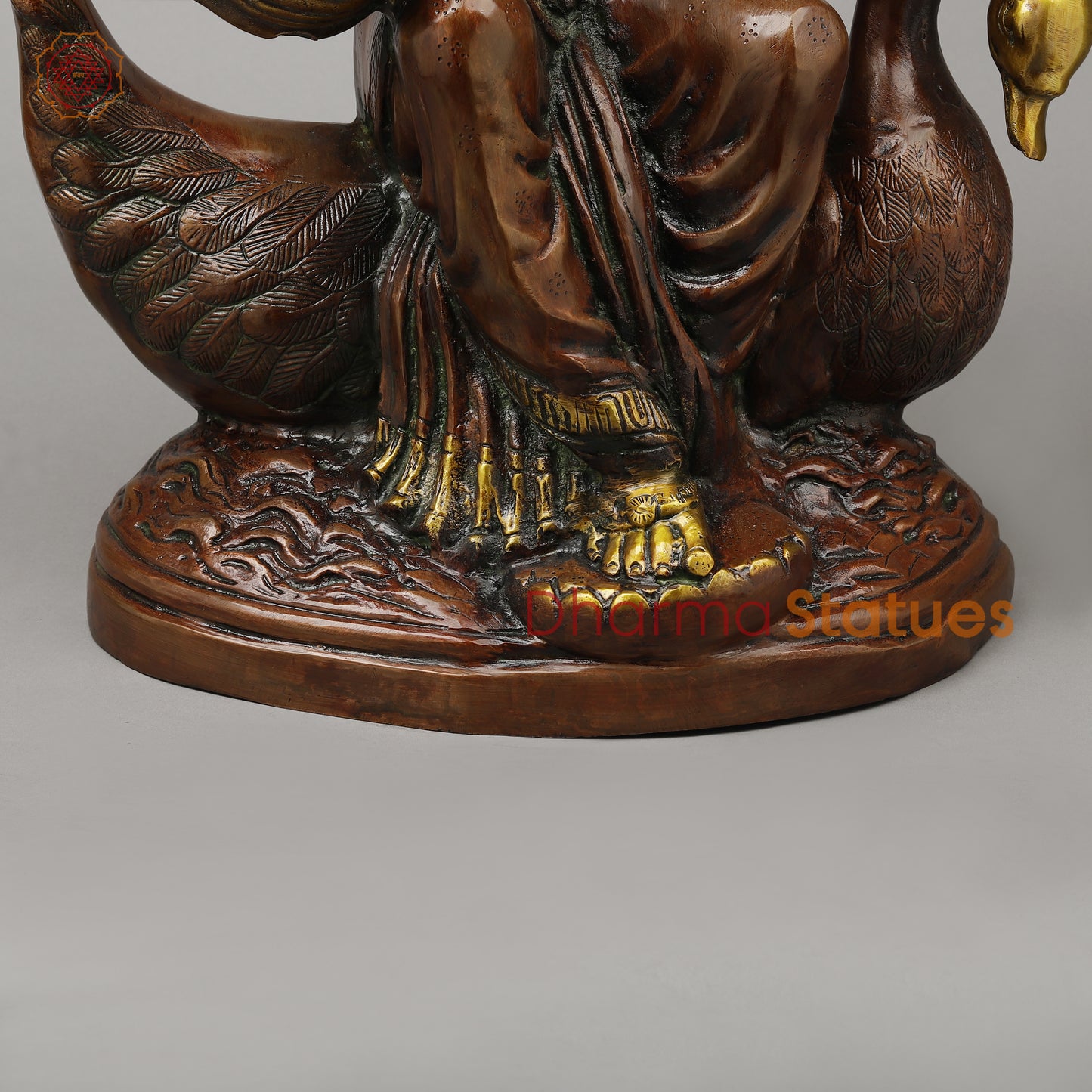 Brass Sarswati Seated on Swan, Copper & Golden Finish, 28"