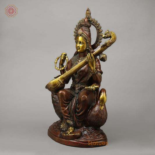 Brass Sarswati Seated on Swan, Copper & Golden Finish, 28"