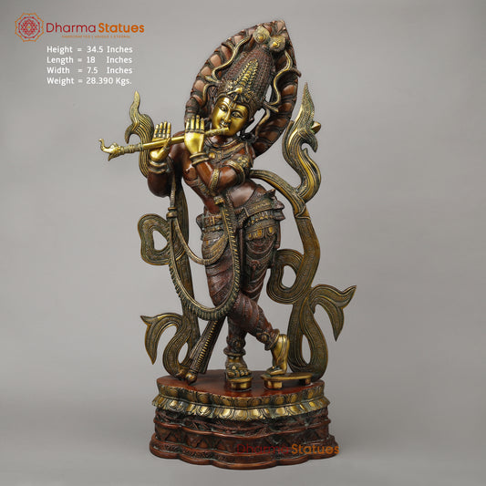 Brass Tribhanga Krishna Playing Flute, Copper & Golden Finish, 34.5"