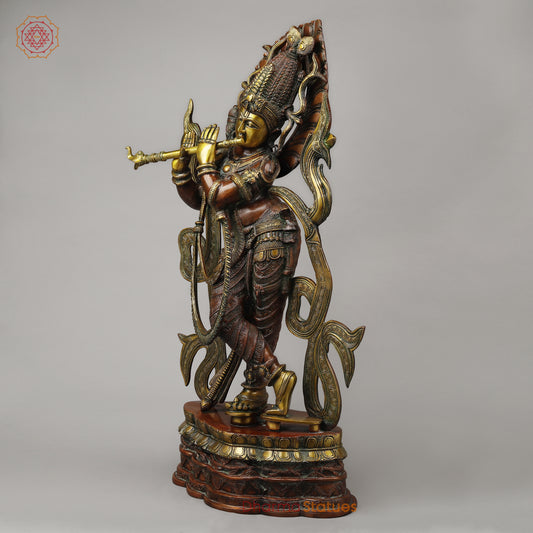 Brass Tribhanga Krishna Playing Flute, Copper & Golden Finish, 34.5"