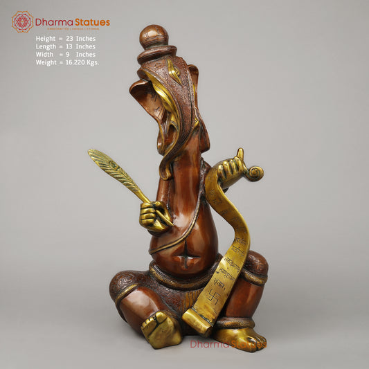 Brass Abstract Ganesh Writing Ramayana, Copper & Golden Finish, 23"