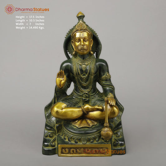 Brass Hanuman Seated in Blessing Position, Exquisite Gold & Green Patina, 17.5"