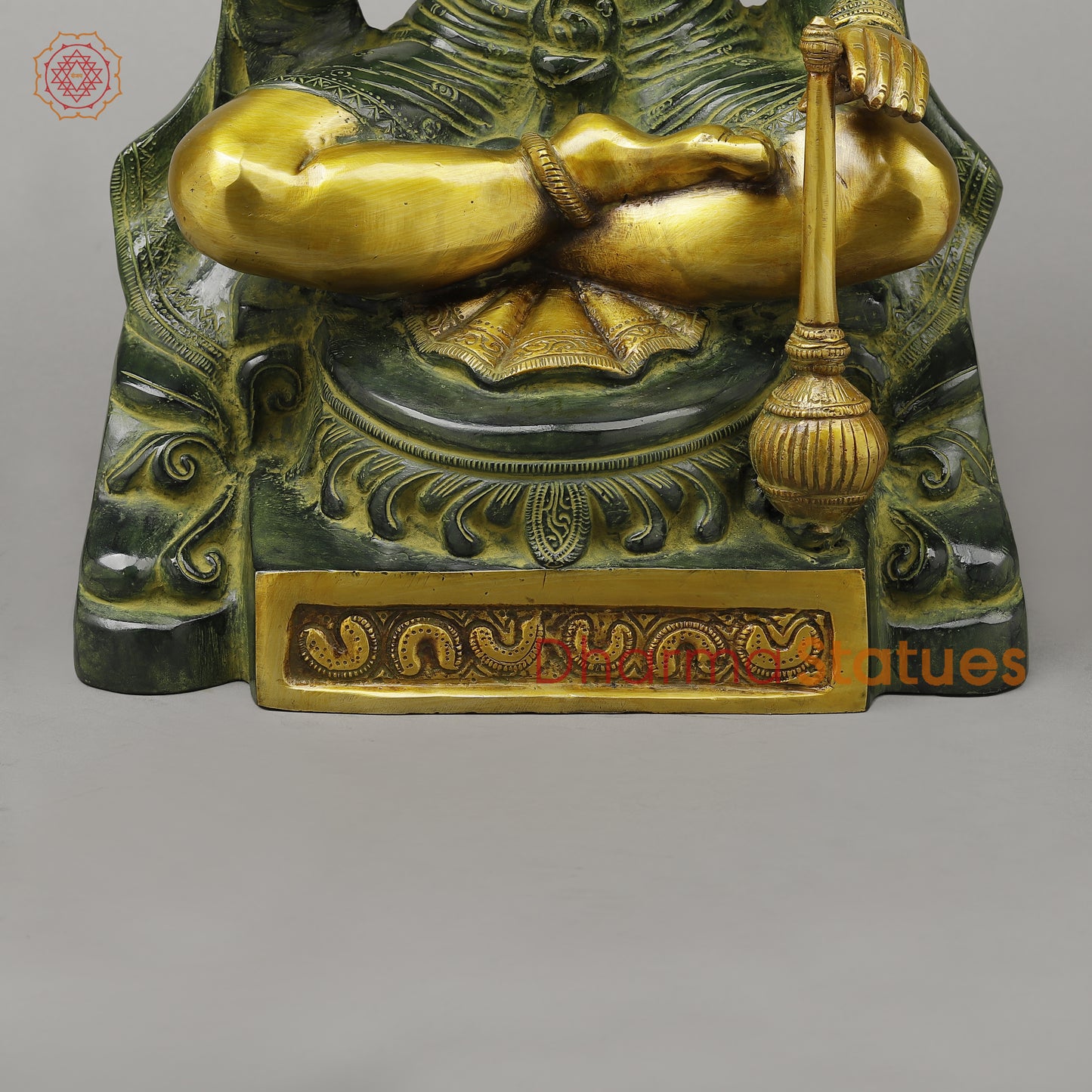 Brass Hanuman Seated in Blessing Position, Exquisite Gold & Green Patina, 17.5"