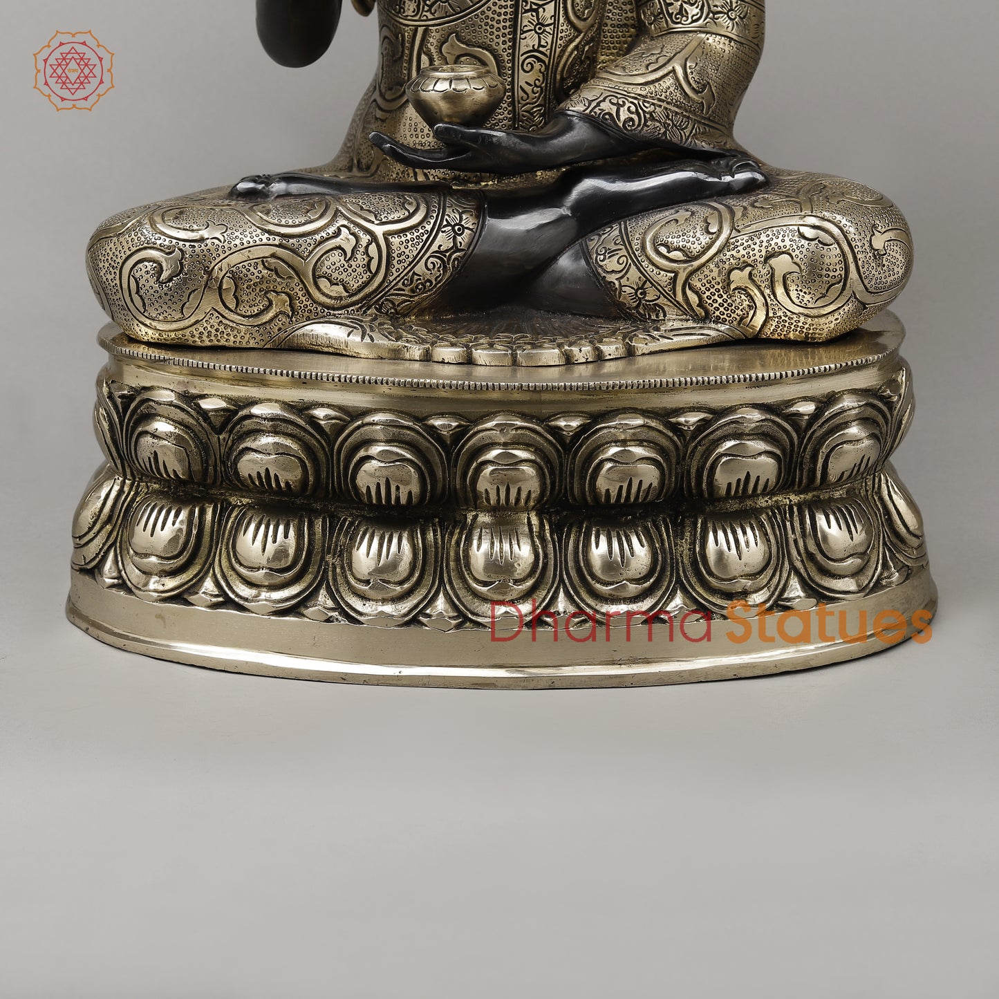 Brass Buddha Seated in Blessing Posture with Bodhi Tree, Black Patina & Golden Finish, 25"