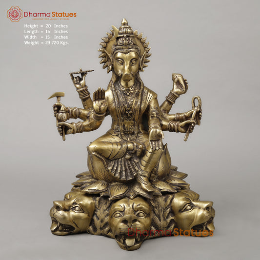 Brass Varahi With 8 Arms Seated on Lion, Dark Golden Finish, 20"