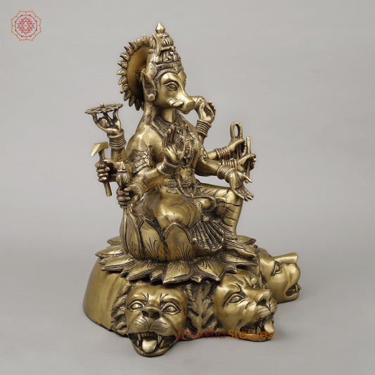 Brass Varahi With 8 Arms Seated on Lion, Dark Golden Finish, 20"