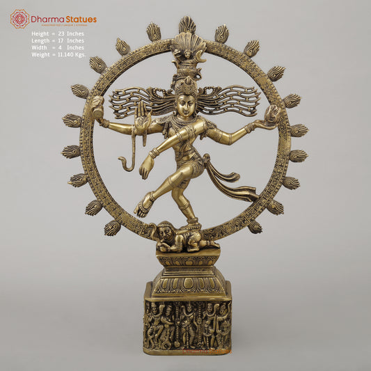 Brass Nataraj With Shiva & Parwati Postures On Base, Antique Golden Finish, 23"