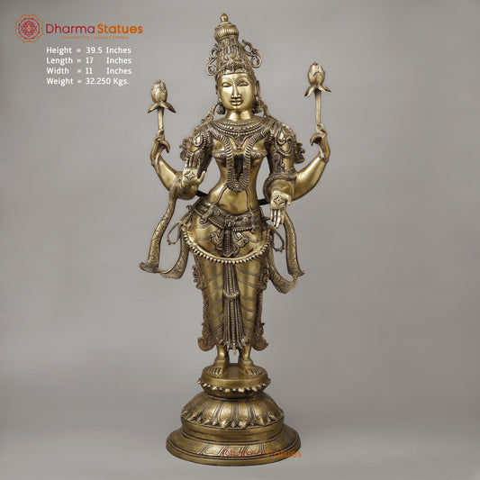 Brass Dhan Lakshmi Standing on Blooming Lotus, Fine Smooth Finish, 39.5"