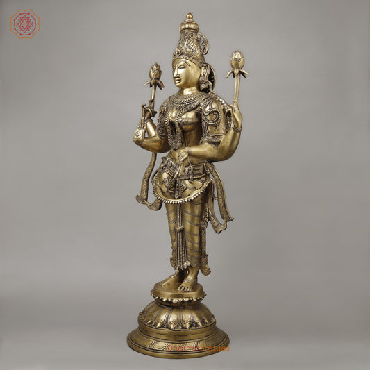 Brass Dhan Lakshmi Standing on Blooming Lotus, Fine Smooth Finish, 39.5"