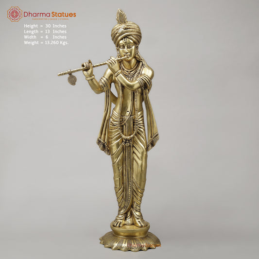 Brass Mathura Krishna Plating Flute, Golden Finish, 30"