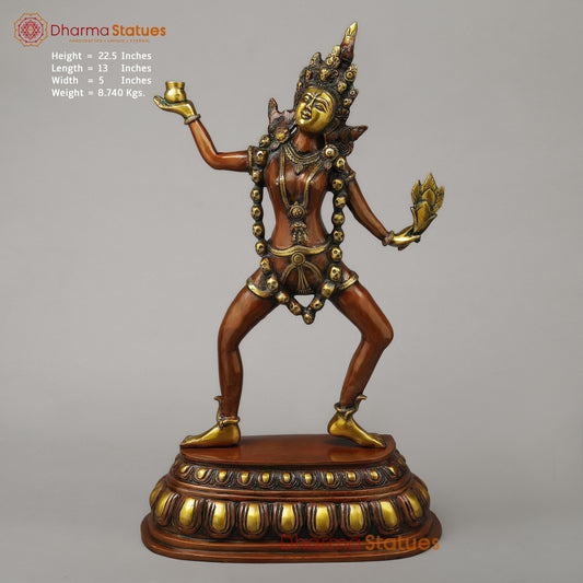 Brass Kaali Standing Wearing a Crown & Garland of Skulls, Copper & Golden Finish, 22.5"