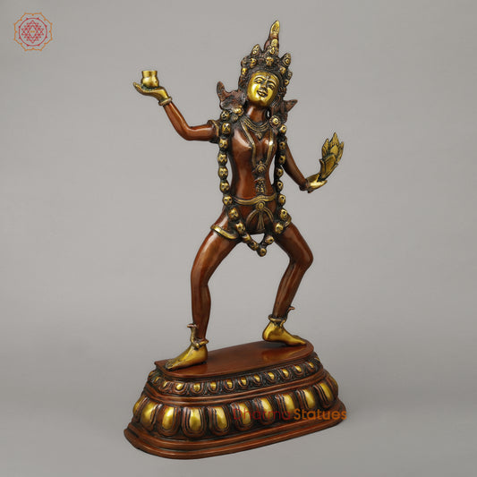 Brass Kaali Standing Wearing a Crown & Garland of Skulls, Copper & Golden Finish, 22.5"