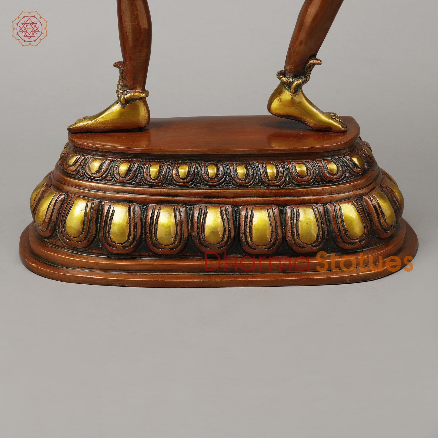 Brass Kaali Standing Wearing a Crown & Garland of Skulls, Copper & Golden Finish, 22.5"