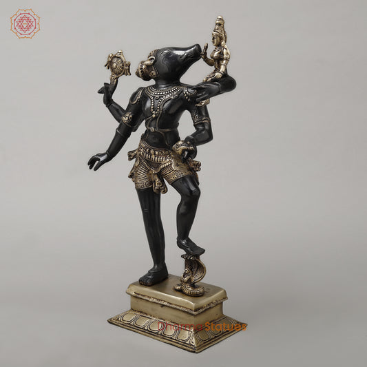 Brass Varaha with Lord Vishnu, Black Patina & Golden Finish, 18"