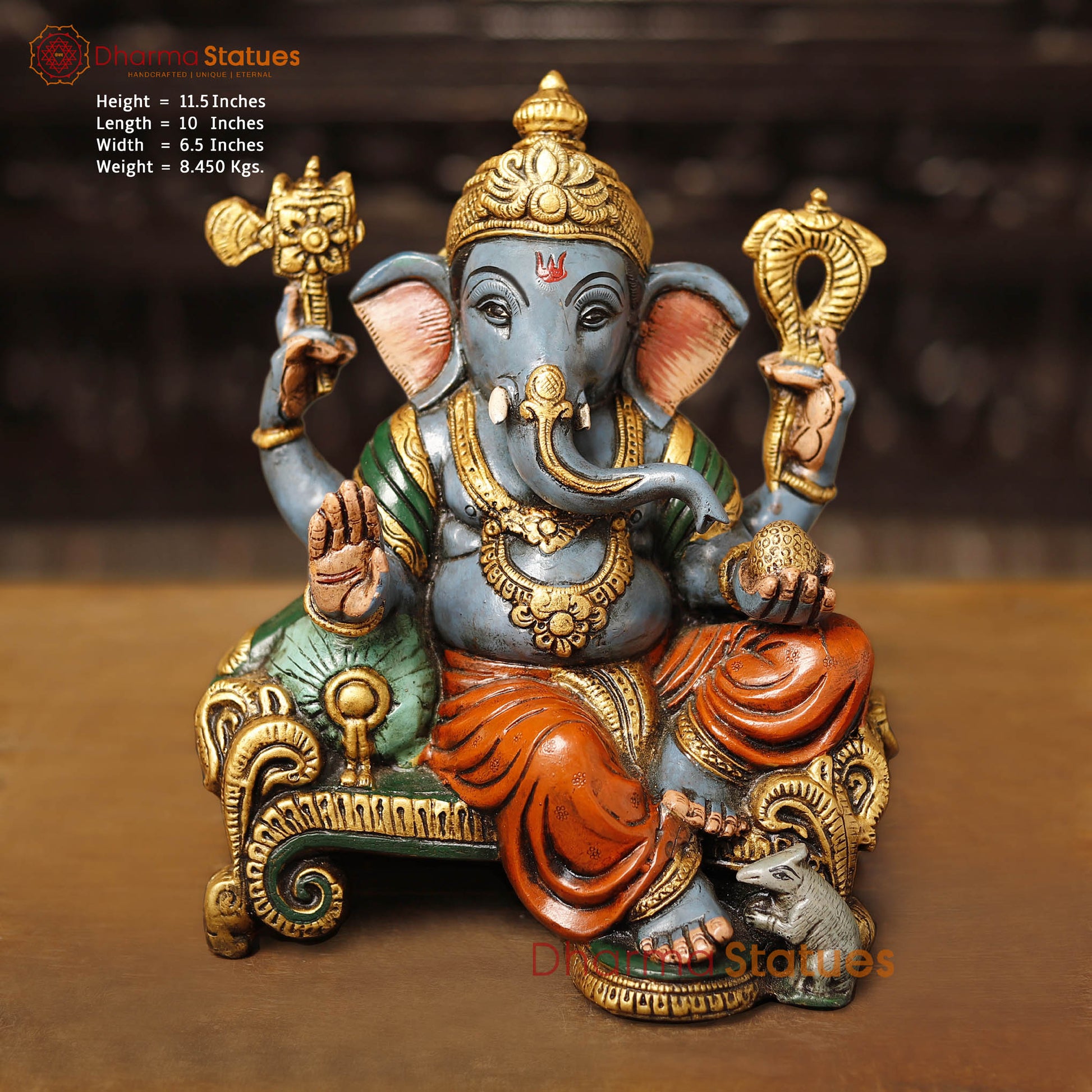 Brass Ganesha Vighnevaraya Sitting on a Throne, Hand Painted Color, 11.5"  Front View