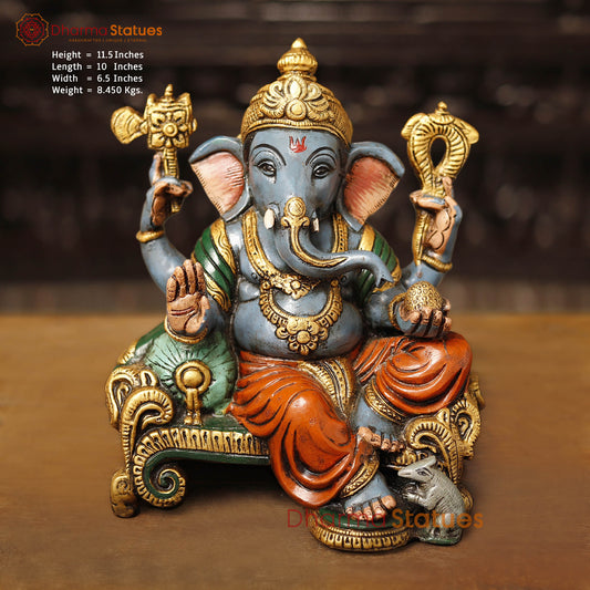 Brass Ganesha Vighnevaraya Sitting on a Throne, Hand Painted Color, 11.5"  Front View