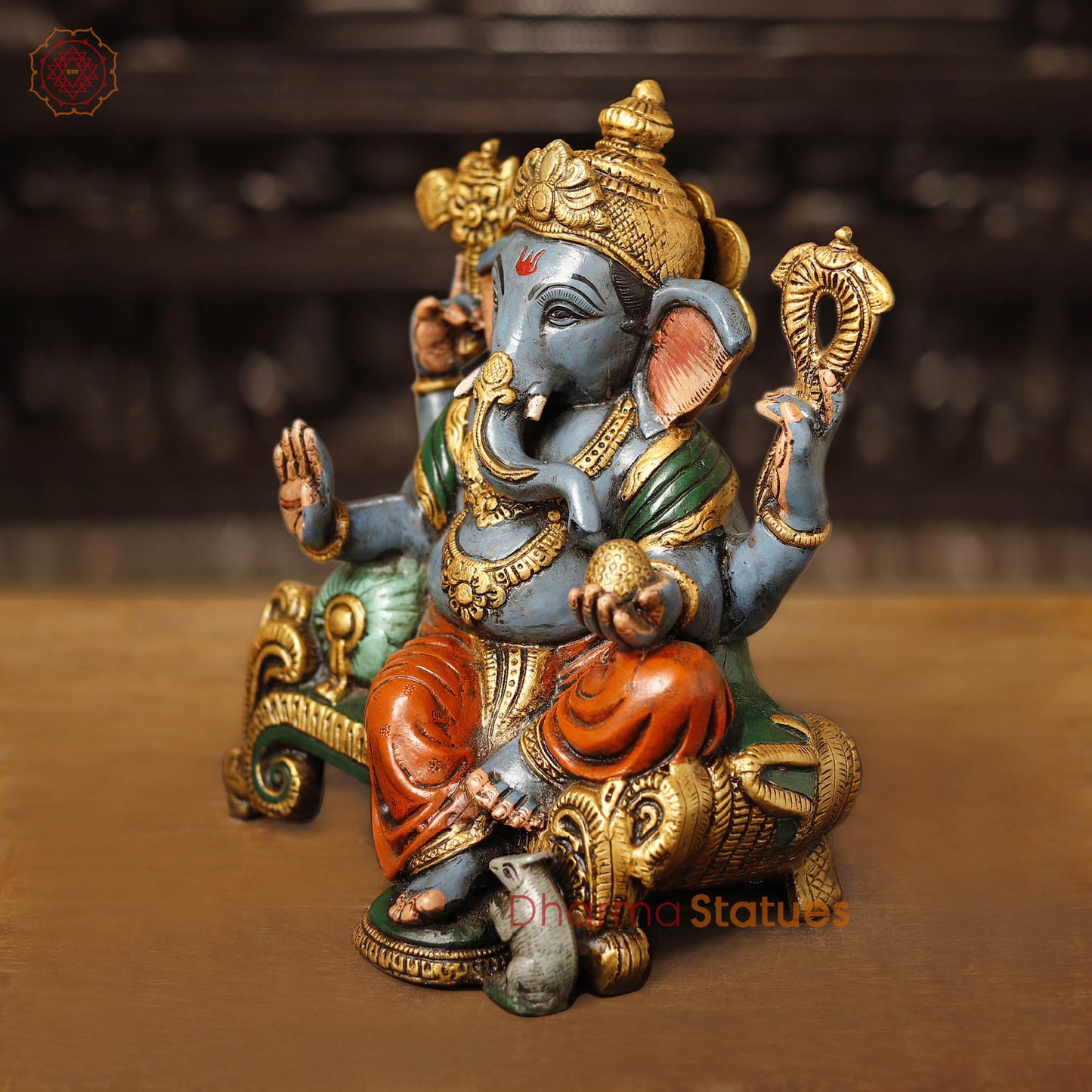 Brass Ganesha Vighnevaraya Sitting on a Throne, Hand Painted Color, 11.5"
