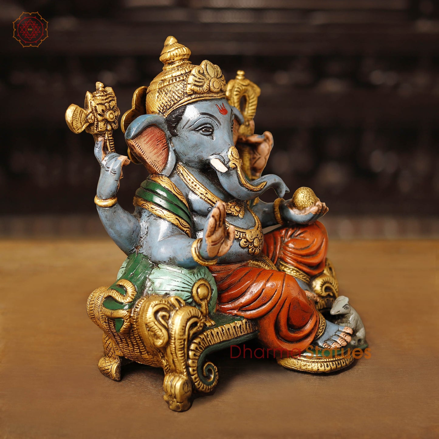 Brass Ganesha Vighnevaraya Sitting on a Throne, Hand Painted Color, 11.5"