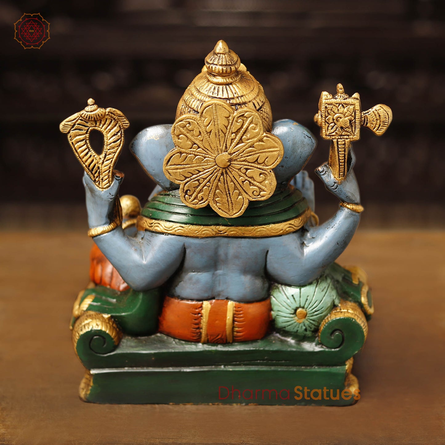 Brass Ganesha Vighnevaraya Sitting on a Throne, Hand Painted Color, 11.5"