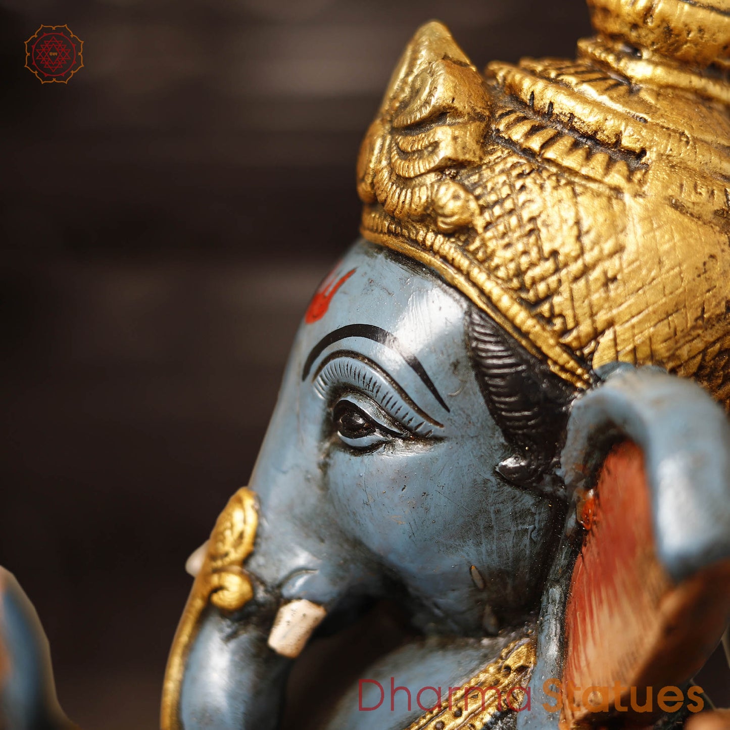 Brass Ganesha Vighnevaraya Sitting on a Throne, Hand Painted Color, 11.5"