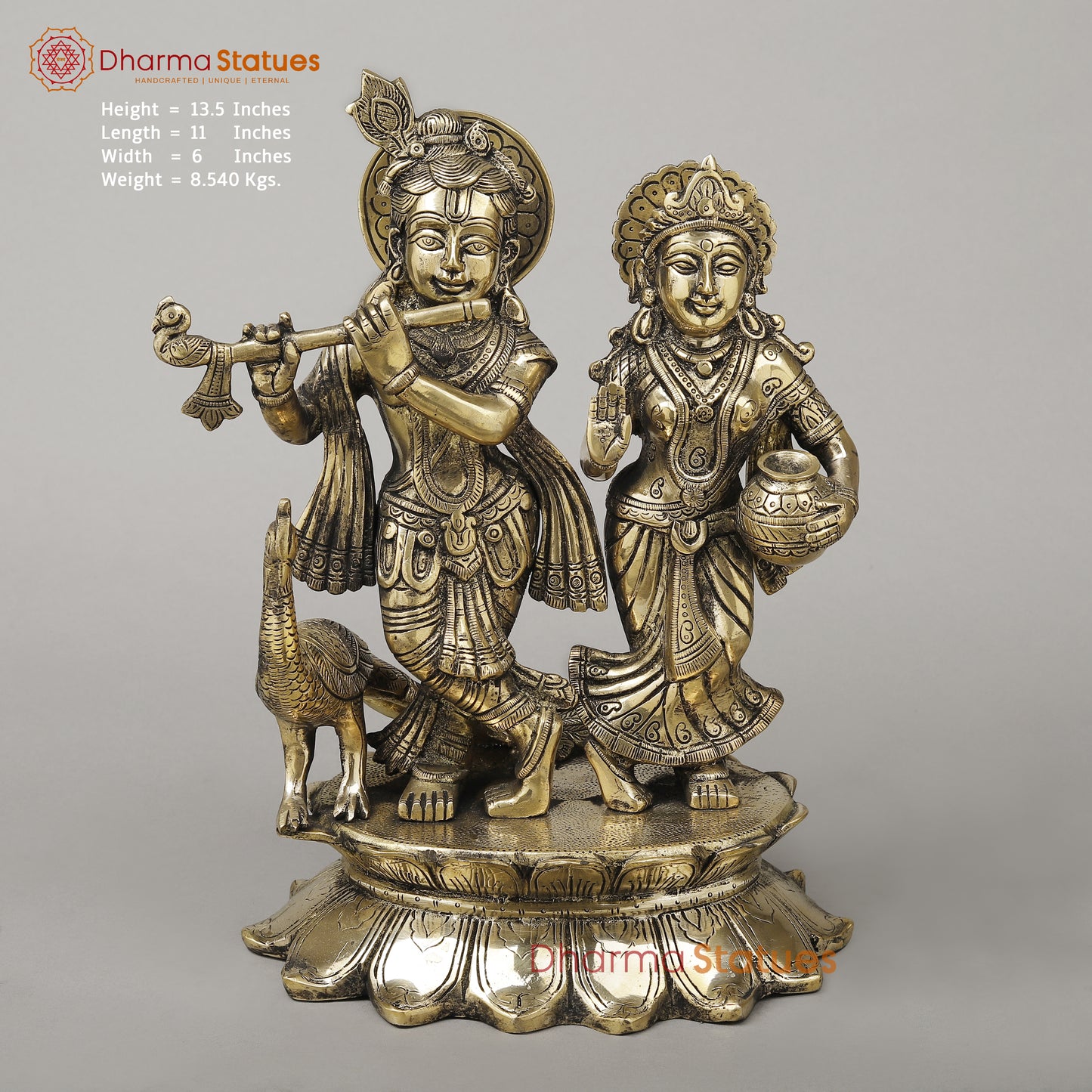 Brass Radha Krishna with Peacock Idol, Golden Finish, 13.5"