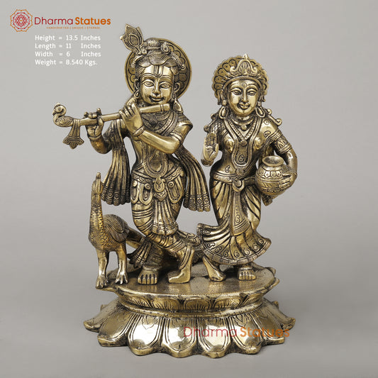 Brass Radha Krishna with Peacock Idol, Golden Finish, 13.5"