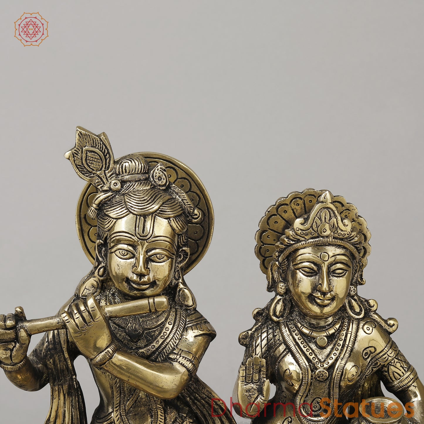 Brass Radha Krishna with Peacock Idol, Golden Finish, 13.5"