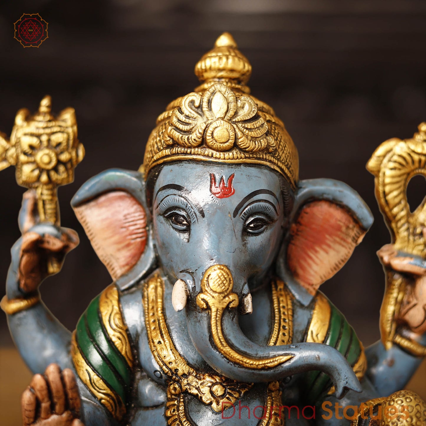 Brass Ganesha Vighnevaraya Sitting on a Throne, Hand Painted Color, 11.5"