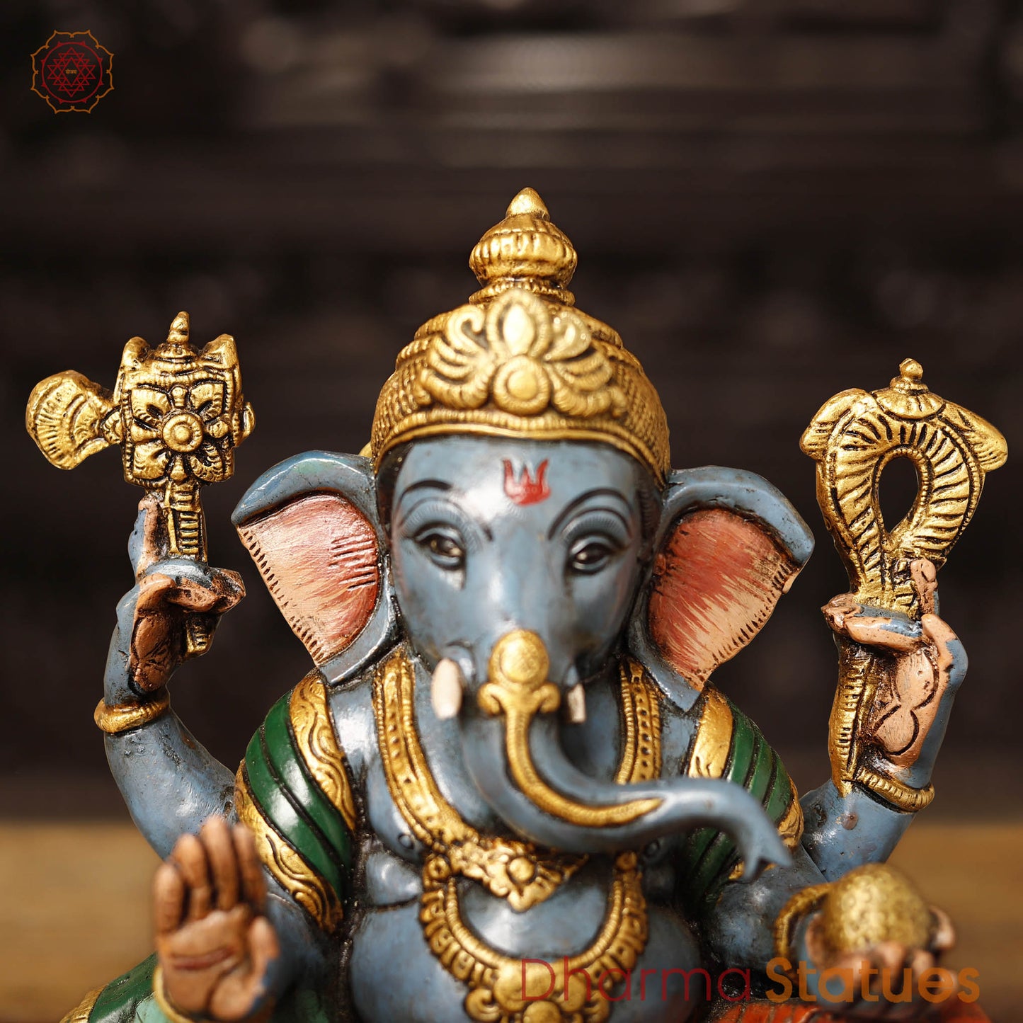 Brass Ganesha Vighnevaraya Sitting on a Throne, Hand Painted Color, 11.5"