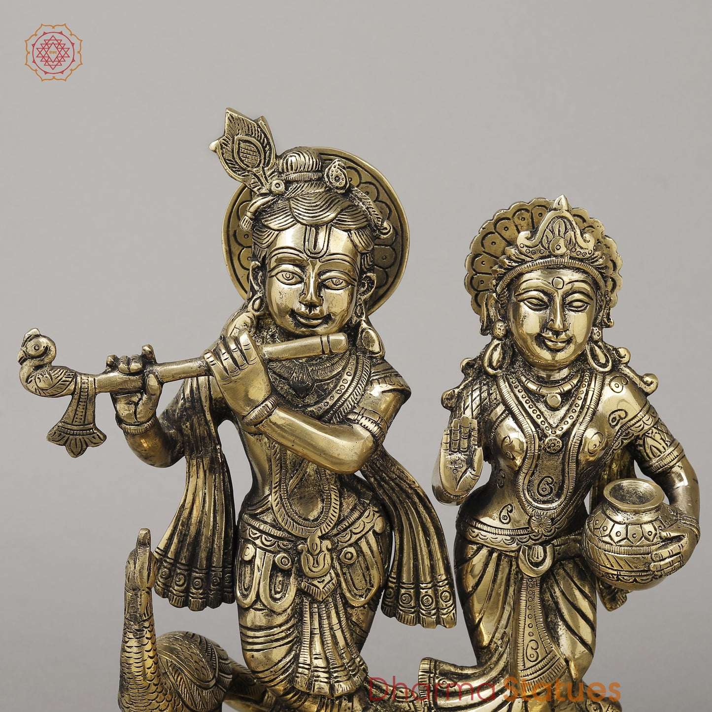 Brass Radha Krishna with Peacock Idol, Golden Finish, 13.5"