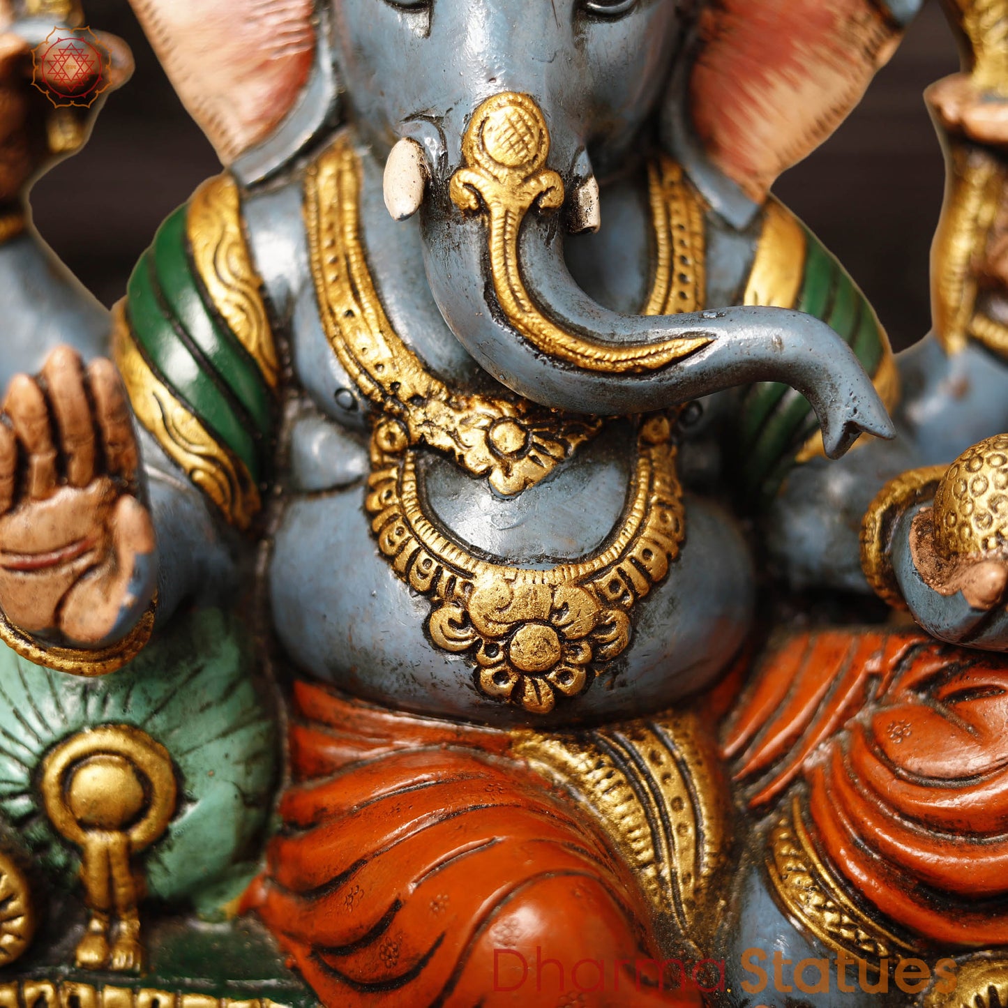 Brass Ganesha Vighnevaraya Sitting on a Throne, Hand Painted Color, 11.5"