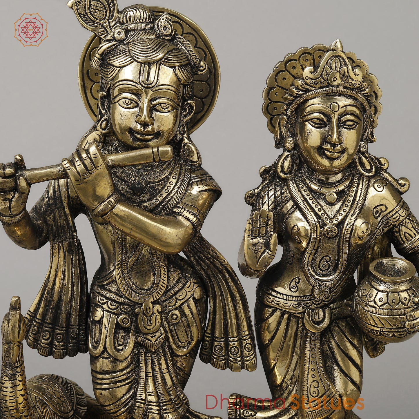 Brass Radha Krishna with Peacock Idol, Golden Finish, 13.5"