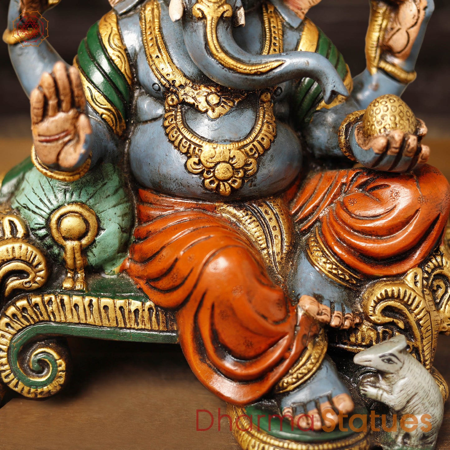 Brass Ganesha Vighnevaraya Sitting on a Throne, Hand Painted Color, 11.5"