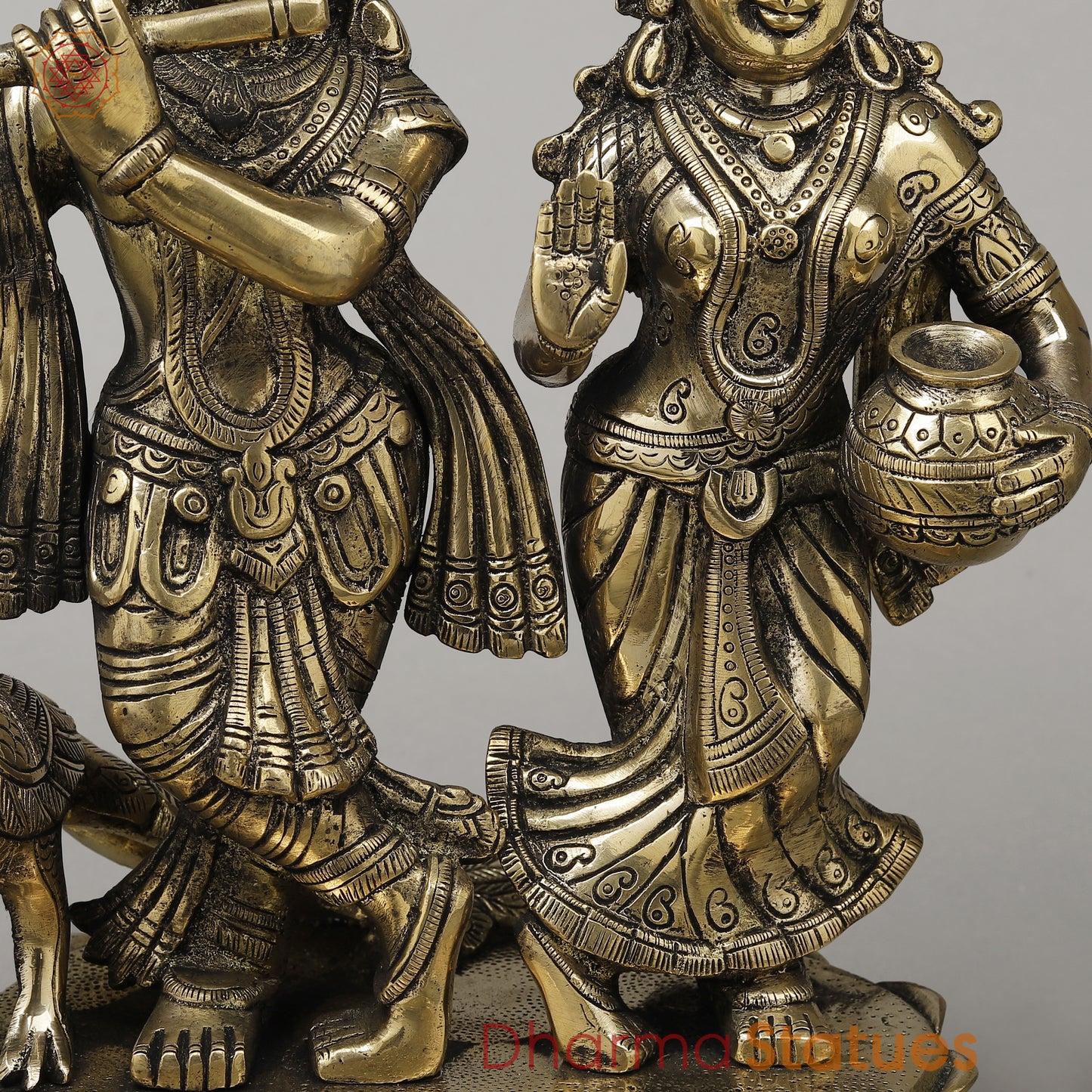 Brass Radha Krishna with Peacock Idol, Golden Finish, 13.5"