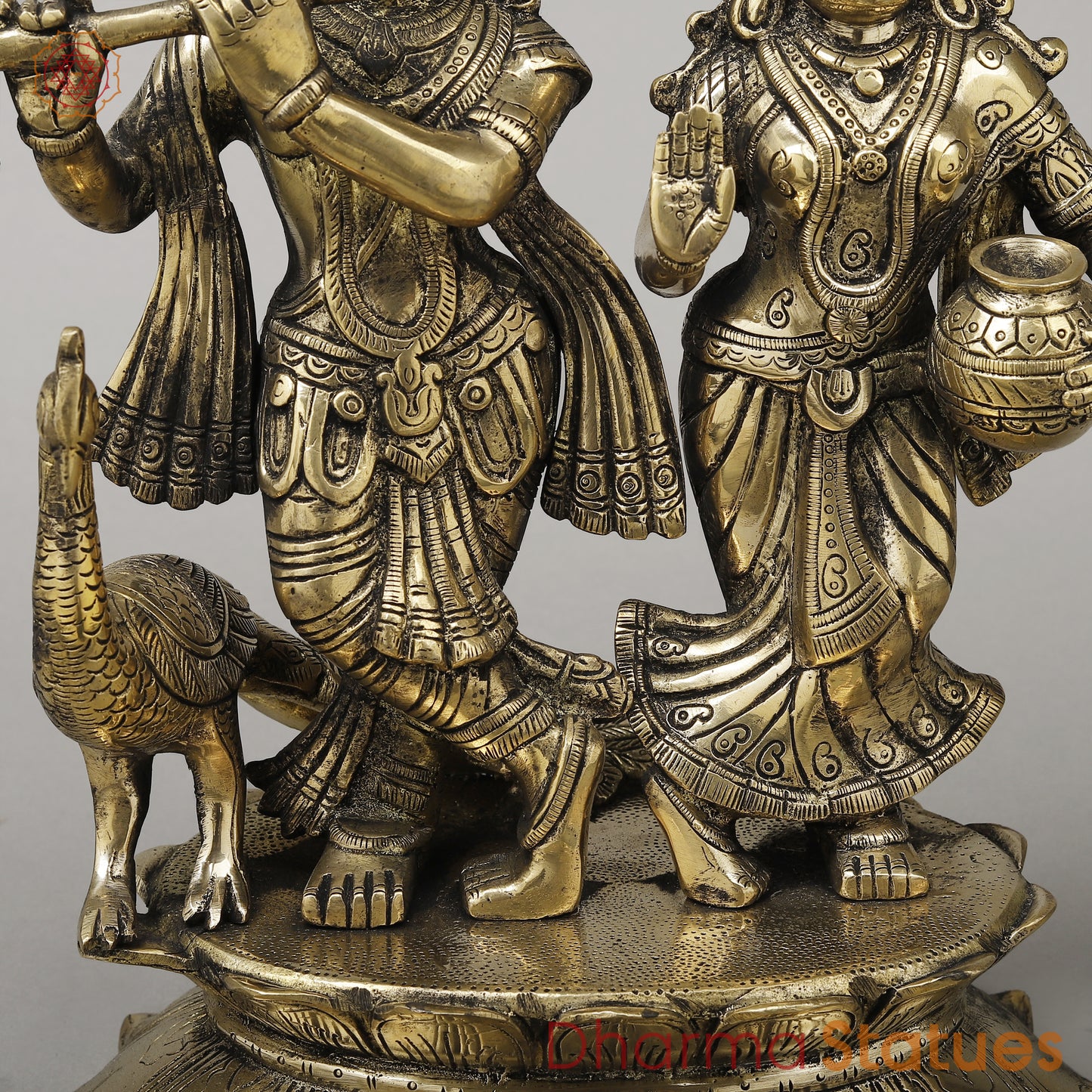 Brass Radha Krishna with Peacock Idol, Golden Finish, 13.5"