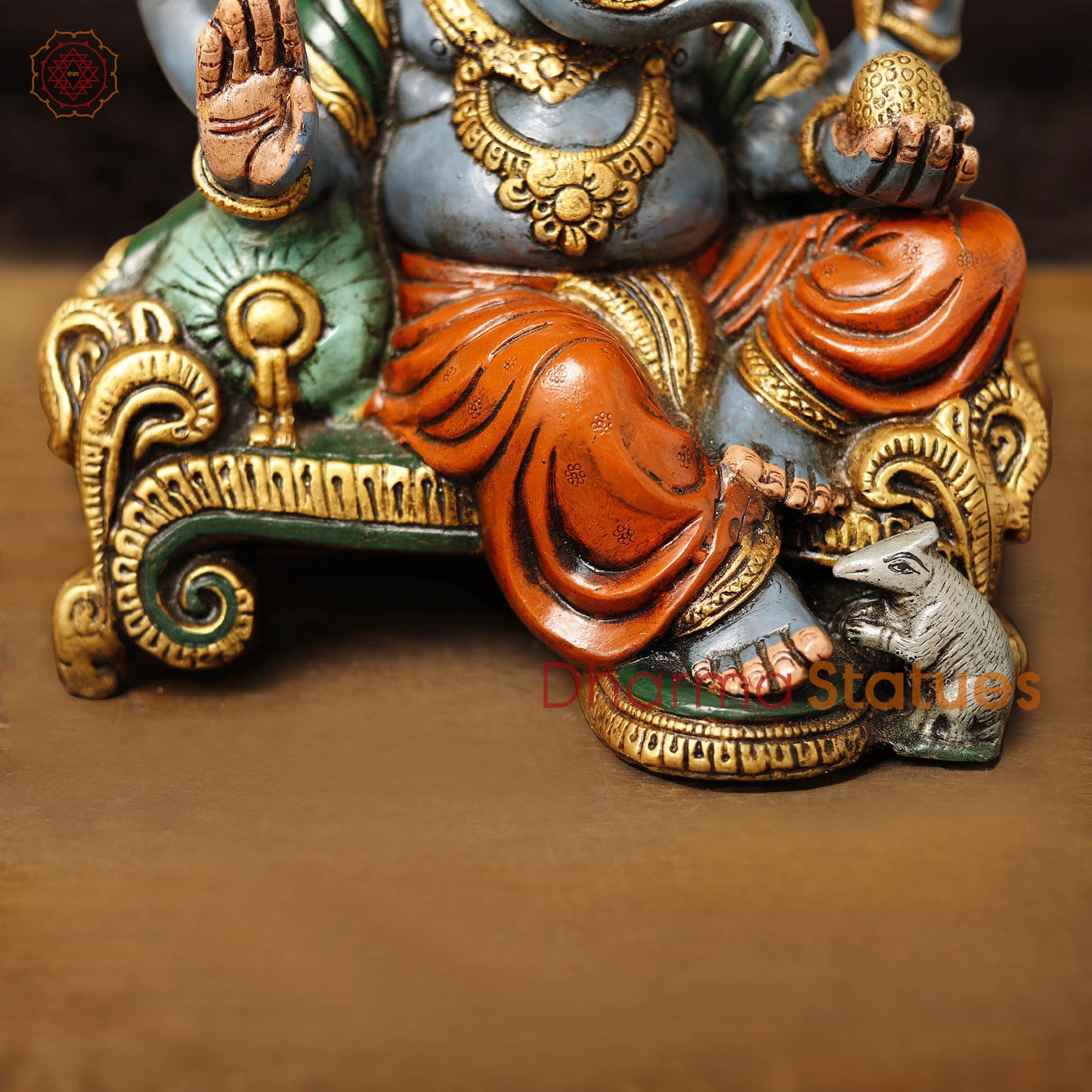 Brass Ganesha Vighnevaraya Sitting on a Throne, Hand Painted Color, 11.5"