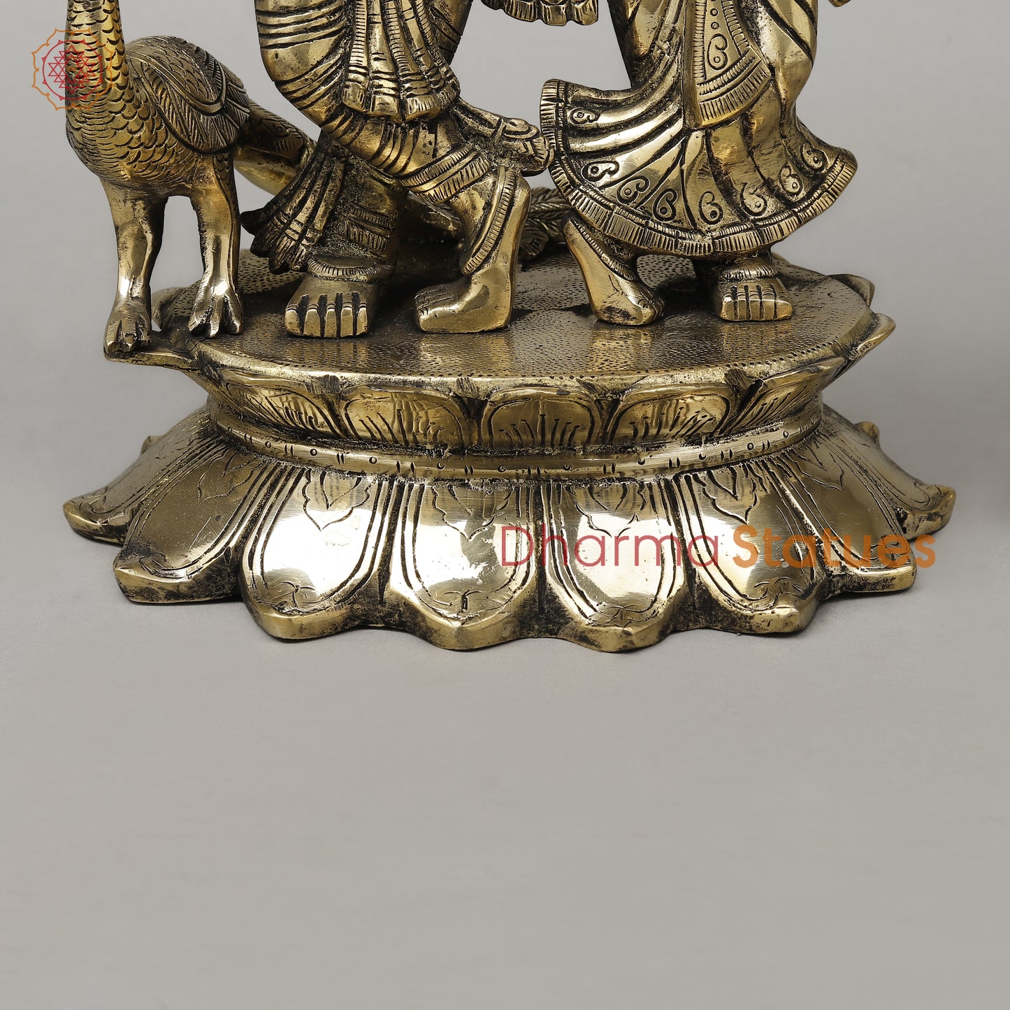Brass Radha Krishna with Peacock Idol, Golden Finish, 13.5"