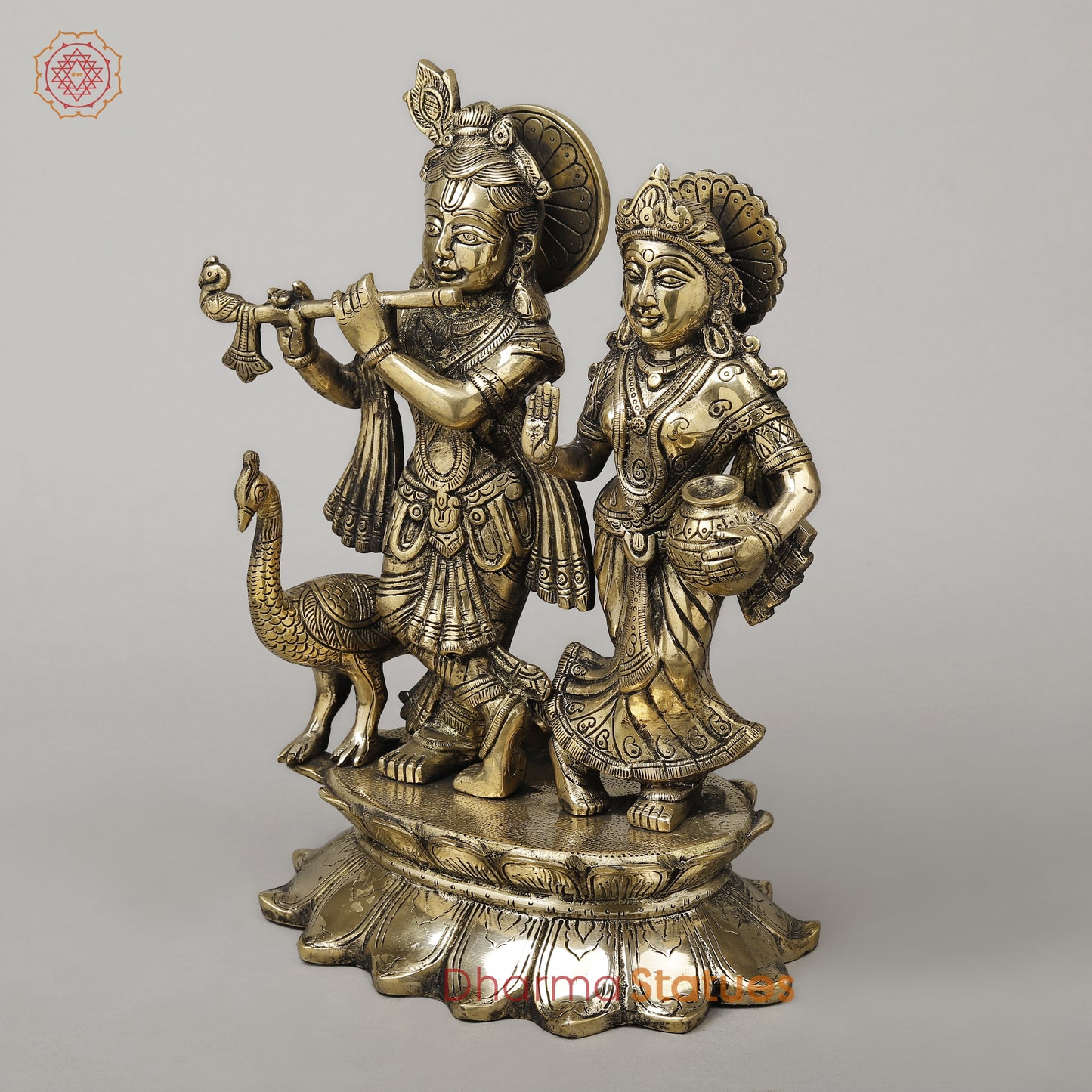 Brass Radha Krishna with Peacock Idol, Golden Finish, 13.5"