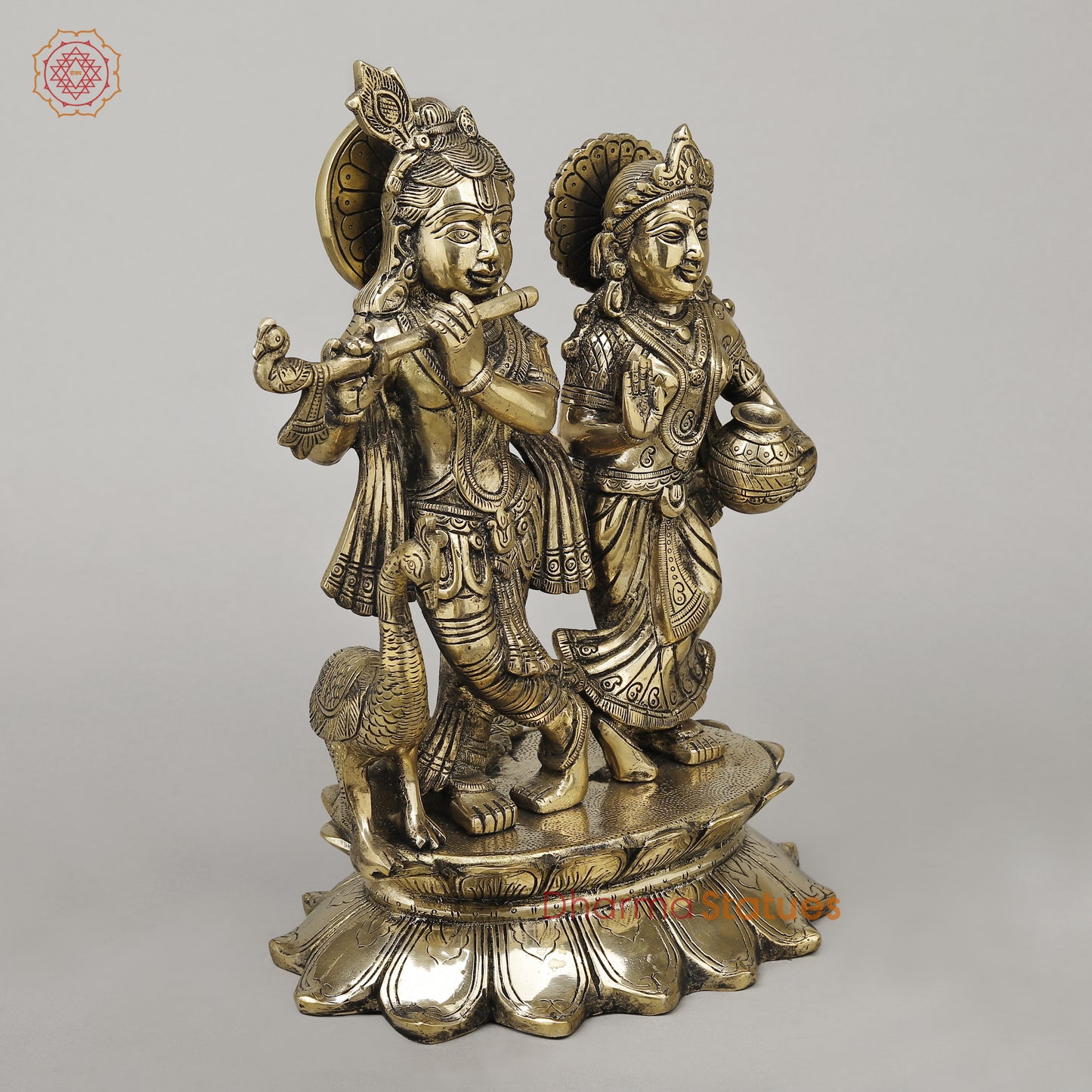 Brass Radha Krishna with Peacock Idol, Golden Finish, 13.5"