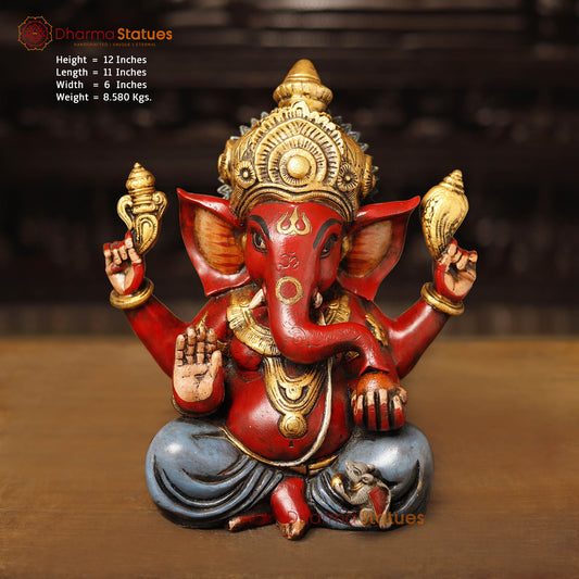 Brass Crown Ganesh sated, Hand Painted, 12" Front View