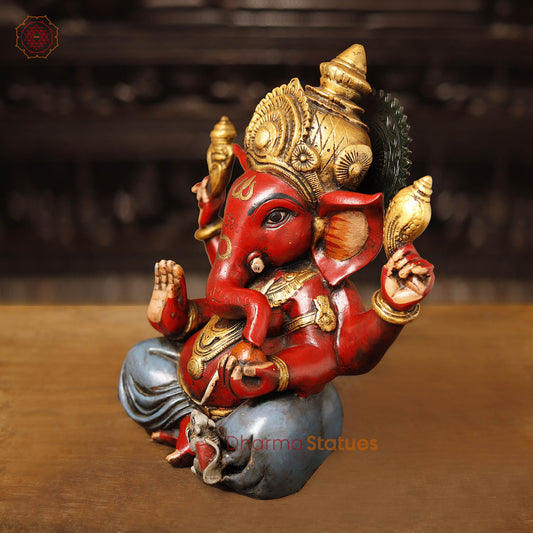 Brass Ganesha Idol, seated, Hand Painted, 12"