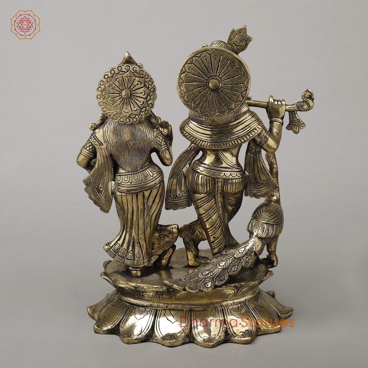 Brass Radha Krishna with Peacock Idol, Golden Finish, 13.5"