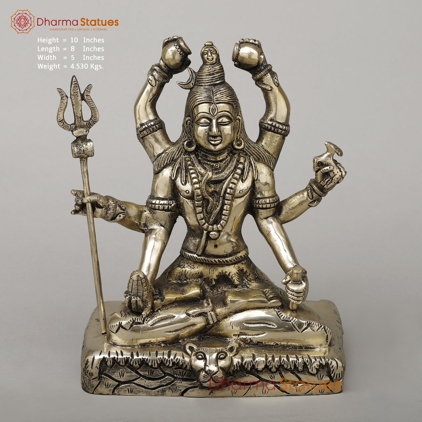 Brass Mahamritunjya Shiva with 6 Hands, Smooth Finish, 10"