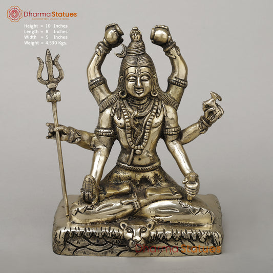 Brass Mahamritunjya Shiva with 6 Hands, Smooth Finish, 10"